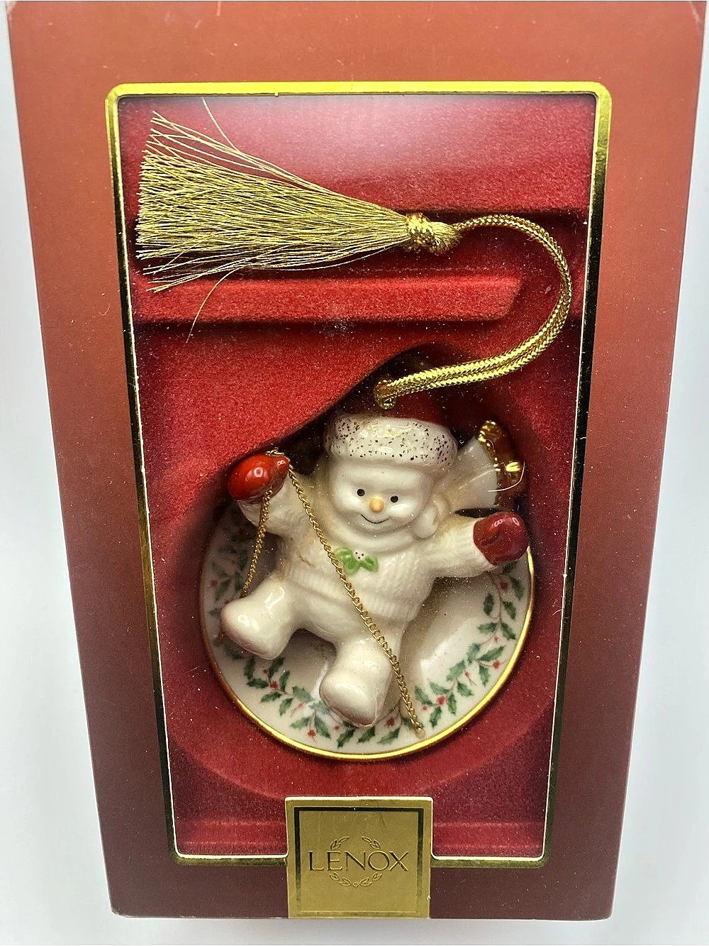 Vintage Retired Lenox Holiday Saucer Snowman Ornament in White & Red
